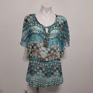 Urban Mangoz Green Geometric Coastal Bohemian Cutout Beaded Fairy Blouse L